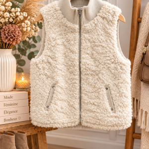 gilet moutonné beige femme, gilet sans manches beige, gilet sherpa femme, gilet STREET ONE, gilet chaud femme, gilet zippé femme, veste sans manches moutonnée, gilet cocooning femme, mode femme, prêt-à-porter féminin.