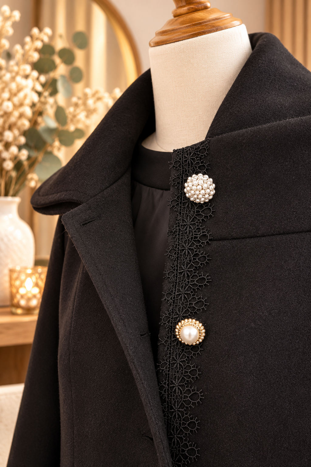 manteau femme, manteau long noir, CREAM, manteau chic, manteau élégant, manteau dentelle, boutons fantaisie, boutons perles, manteau tendance, mode femme, prêt-à-porter femme.