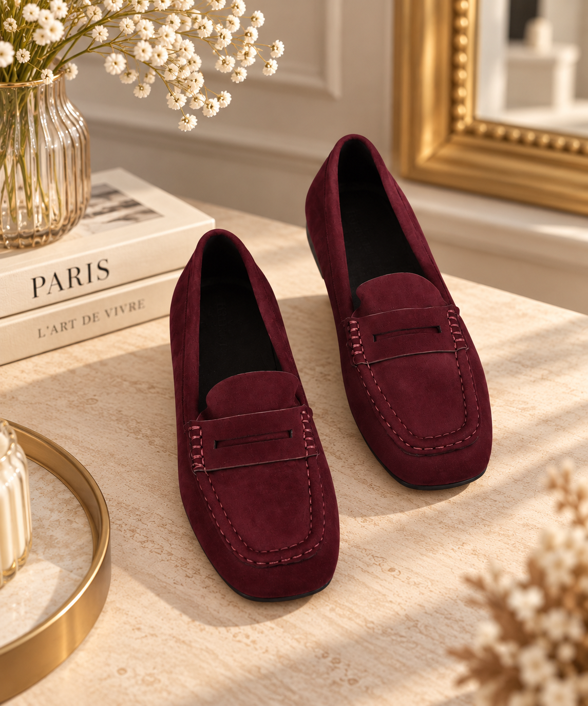 Leur coloris bordeaux lie-de-vin, chic et facile à associer Leur aspect nubuck doux et élégant Leur jolie finition avec surpiqûres apparentes Leur bride décorative sur le dessus, qui souligne leur esprit mocassin Leur forme féminine et intemporelle Leur grand confort, idéale pour les porter toute la journée