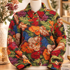 Veste femme GEISHA, veste fleurie femme, veste imprimée fleurs, veste tapisserie, veste florale colorée, veste femme originale, veste tendance femme, veste à pressions, veste col chemise, veste colorée, veste automne hiver, mode femme GEISHA, prêt-à-porter féminin, veste chic et originale.